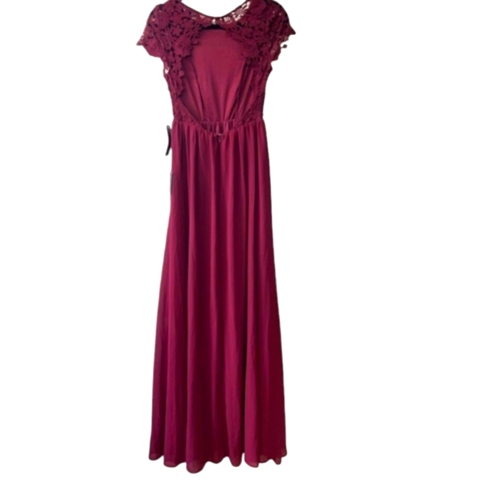 LULUS The Greatest Lace Maxi Dress Burgundy Crew Backless Cap Sleeves Sz SM NWT - Picture 7 of 15